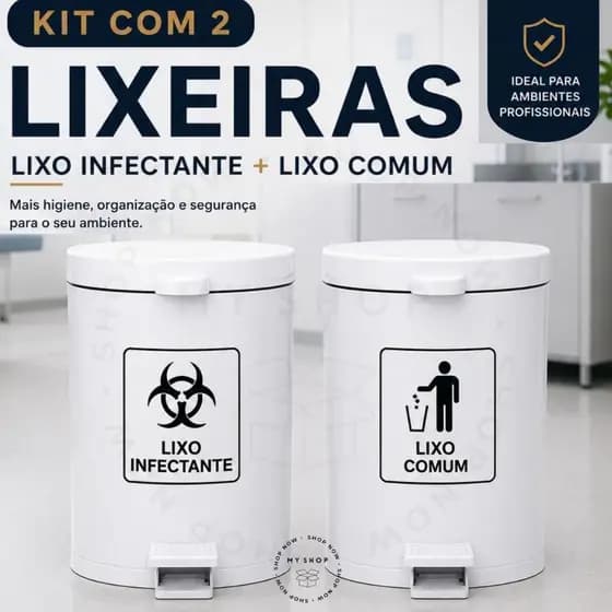 Kit 2 Lixeiras Em Aço Com Adesivo Lixo Infectante Lixo Comum Branca Consultório Clínica Hospitalar