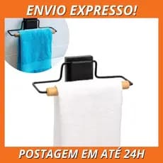 Porta Toalha Adesivo Preto Com Madeira Resistente Ideal Para Banheiro Fixação 3M 20 cm