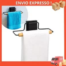 Porta Toalha Adesivo Preto Com Madeira Resistente Ideal Para Banheiro Fixação 3M 20 cm