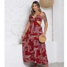 Vestido longo de argola estampado luxo