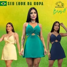 Vestido Curto Feminino com Short Interno Tecido Duna - Bojo +  Amarração nas Costas Nua - Macaquinho  - Brasil Copa 2026