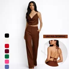 Conjunto Verão Feminino - Calça Pantalona + Blusa Cropped MultiFormas Duna Premium - P ao GG - Elegante Leve Confortável