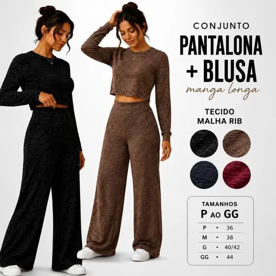 Conjunto Feminino Inverno Malha Rib Premium - Calça Pantalona + Blusa Manga Longa Frio - P ao GG