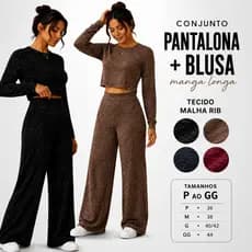 Conjunto Feminino Inverno Malha Rib Premium - Calça Pantalona + Blusa Manga Longa Frio - P ao GG