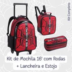 Kit Escolar Completo Mochila Rodinhas Grande + Lancheira + Estojo Be a Hero Red Menino Aranha Spider