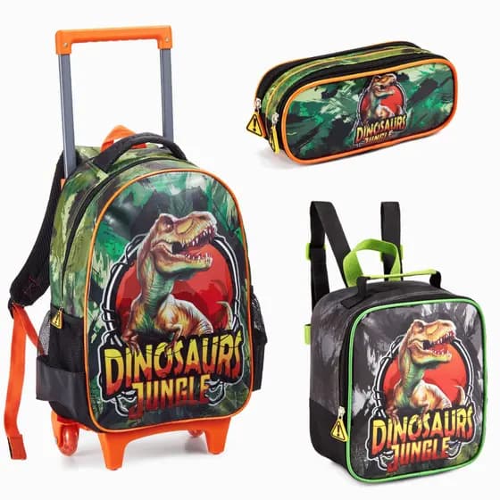 Kit Mochila Escolar Grande Dinossauro T-Rex com Estojo grande Lancheira Térmica Alça Menino Rodinhas
