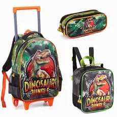Kit Mochila Escolar Grande Dinossauro T-Rex com Estojo grande Lancheira Térmica Alça Menino Rodinhas