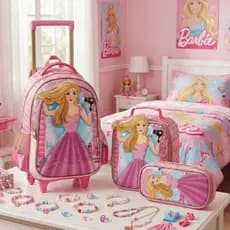 Kit Escolar Mochila Grande Rodinhas + Lancheira Térmica + Estojo Reforçado Infantil Menina Barbie