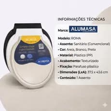 Assento Sanitário Roma Alumasa Tampa Vaso Banheiro Resistente Plástico Areia Branco Preto 37x43cm