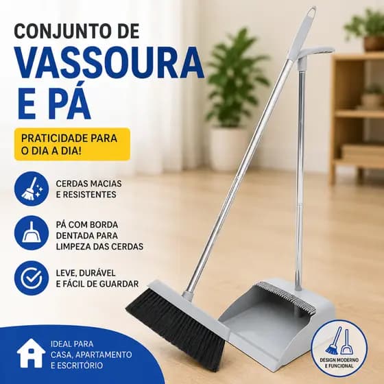 Kit Vassoura e Pá 2 em 1 Ajustável com Limpa Cerdas Ideal para Ambientes Pequenos