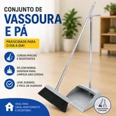 Kit Vassoura e Pá 2 em 1 Ajustável com Limpa Cerdas Ideal para Ambientes Pequenos