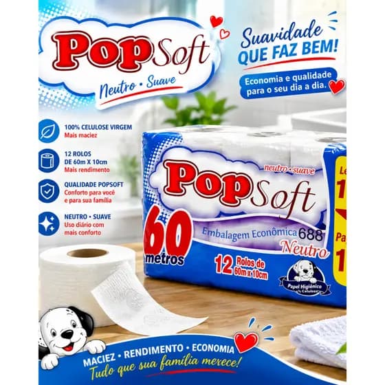 Papel Higiênico PopSoft 12 Rolos 60m Neutro Folha Simples Macio Econômico Alta Qualidade Premium