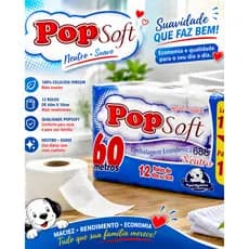 Papel Higiênico PopSoft 12 Rolos 60m Neutro Folha Simples Macio Econômico Alta Qualidade Premium