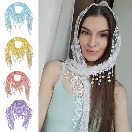 Lenço triangular feminino, xale de renda, véu com borla