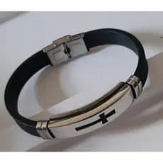 Pulseira Bracelete Masculina Borracha Placa Aço Inox de Cruz