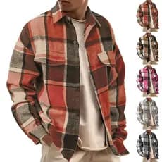 Camisa masculina xadrez de lapela retrô escovada Casual jaqueta de manga comprida masculina