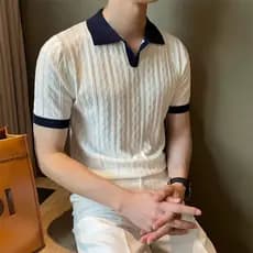 Verão transpirável polo camisa moda masculina camisa dobrável colar alongamento textura manga curta