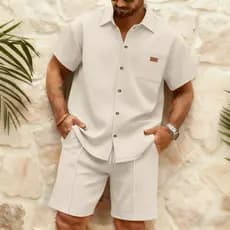 Europeu americano masculino Casual Waffle cor sólida lapela manga curta Cardigan bolso camisa Shorts conjunto
