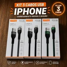 Kit 3 Cabos Reforçados 5A Turbo iPhone Preto Verde Cinza Carregador Rápido Durável
