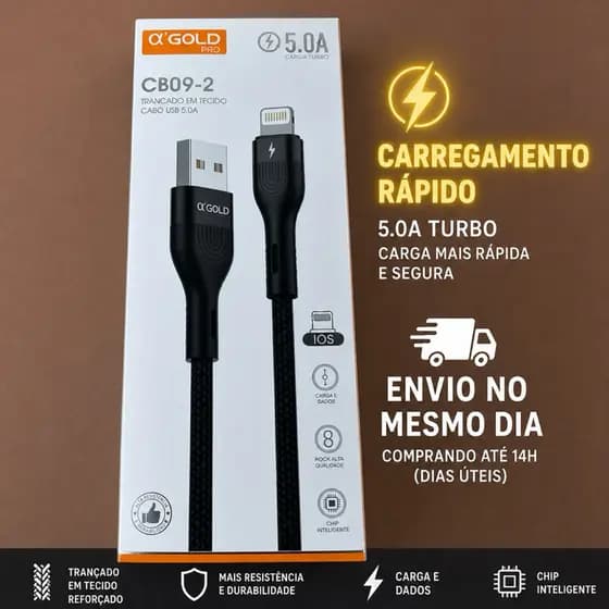 Cabo Lightning iPhone 5.0A Turbo αGold Pro CB09-2 Reforçado Carregamento Rápido Original