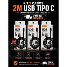 Kit 3 Cabos USB Tipo C 2 Metros Turbo Carregamento Rápido Android Ios 15 16 17 Reforçado 480Mbps