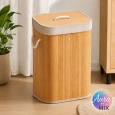Cesto De Roupa de Bambu Dobravel Organizador 50Litros Forrado Banheiro 50 litros Grande Cesto Retangular