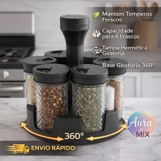 Porta Temperos 6 Potes 85ml| Condimentos| Giratório 360º - BeloVidro