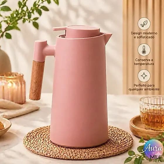 Garrafa Térmica Rosa 1L | Mantém Quente e Frio Por Até 12h | Cabo em Madeira | Design Moderno