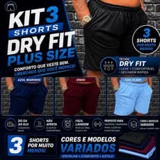Kit 3 Bermudas Esportivo Dry-Fit Plus Size - Cores Sortidas