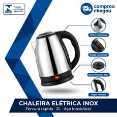 Chaleira Elétrica Inox 2 Litros Bivolt 110/220V Ferve Rápido Base Giratória 360° Auto Desligamento