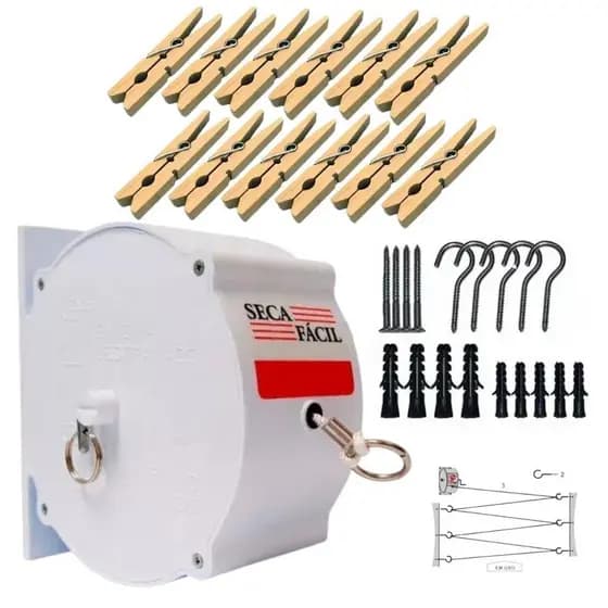 kit Varal Retratil Recolhivel De Parede 30m + 12 Prendedores de Madeira + Kit instalacao