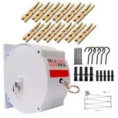 kit Varal Retratil Recolhivel De Parede 30m + 12 Prendedores de Madeira + Kit instalacao