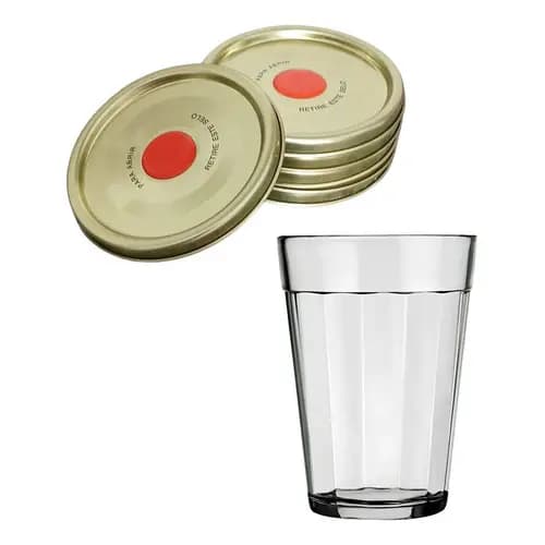 Kit 24 Tampas Abre Fácil Metal + 24 Copos Americano Vidro