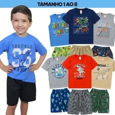 Kit 8 peças Roupa infantil Juvenil Menino -  4 Camisetas + 4 Bermudas- Kit 4 conjuntos Verão Menino