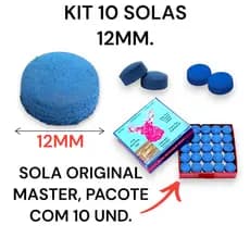10 Solas Ponteiras Para Taco De Sinuca 12mm Master Azul Bilhar Pacote Com 10 UND
