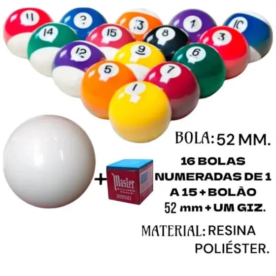 Bola De Sinuca 52mm snooker bilhar jogo de bolas completo 16 peças + um giz