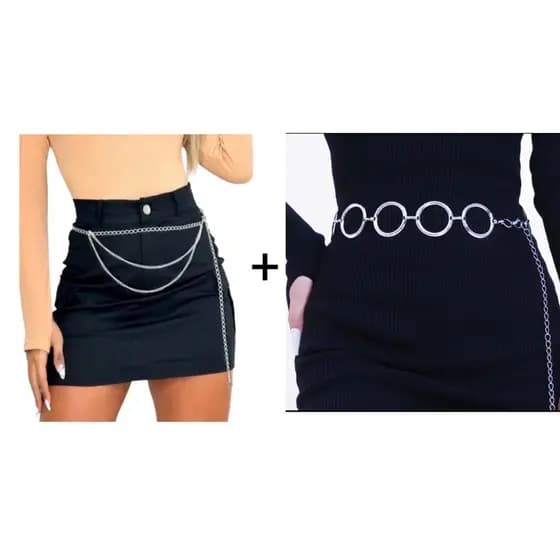 kit 2 Cinto Feminino Corrente  Adulto Tamanho Único e Plus Size  Moda Gringa Tendencia Prata ou Dourado