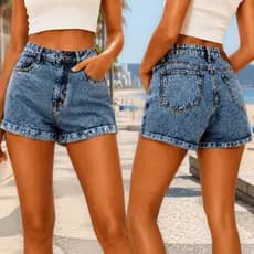 Short Jeans Feminino Marmorizado Cintura Alta Curto 100% Algodão Casual  Vintage