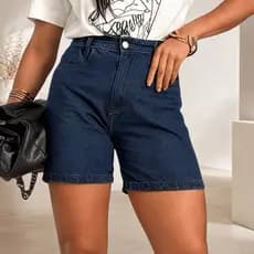 Shorts Feminino Jeans Escuro Cós Alto Short Bermuda Soltinho Estiloso Casual Moderno