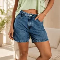 Shorts Jeans Feminino Verão Marmorizado Cós Alto Meia Coxa Bolsos Confortável Casual