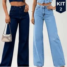 Kit 2 Calças Wide Leg Jeans Feminina Cintura Alta 100% Algodão Com Bolsos Moda Casual