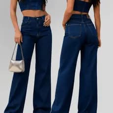 Calça Jeans Feminina Wide Leg 100% Algodão Pantalona Casual Com Bolsos Moderna Cintura Alta