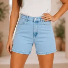 Short Jeans Feminino Claro Botão Zíper Cós Alto Lavagem Soltinho Elegante Casual Confortável
