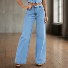 Calça Wide Leg Jeans Feminina Pantalona 100% Algodão Lavagem Clara Cintura Alta Estilosa