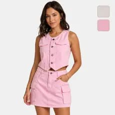 Conjunto saia cargo + colete jeans 100%