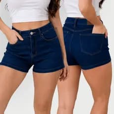 Short Jeans Feminino Cintura Alta Azul Escuro Hot Pants Casual Moda Verão Com Bolsos