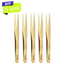 Kit 5 Pinças Solingen Ponta Agulha Designer Sobrancelhas - Dourada