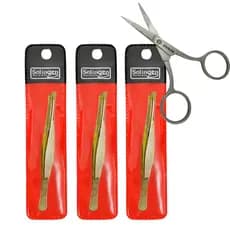 Kit 3 Pinças Solingen Chanfrada Profissional Designer Sobrancelha + Tesourinha Cílios