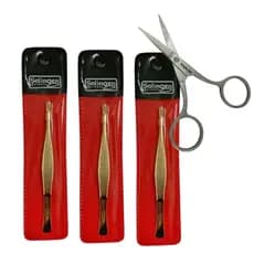 Kit 3 Pinças Solingen Reta Profissional Designer Sobrancelha + Tesourinha Cílios