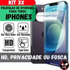 3 Películas Hidrogel Privacidade, Fosca ou HD  P/ iPhone 17, 16,15,14,13,12,11, 12,13, 8 7  Pro Max, Plus Mini XR, X,XS